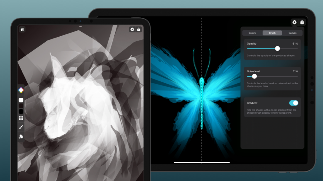 Screenshots in iPad and iPhone frames with drawings made in Exsto